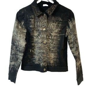 Cactus Jacket Black Chocolate Theme Button Up Jean Jacket Rhinestone Collar Sz S